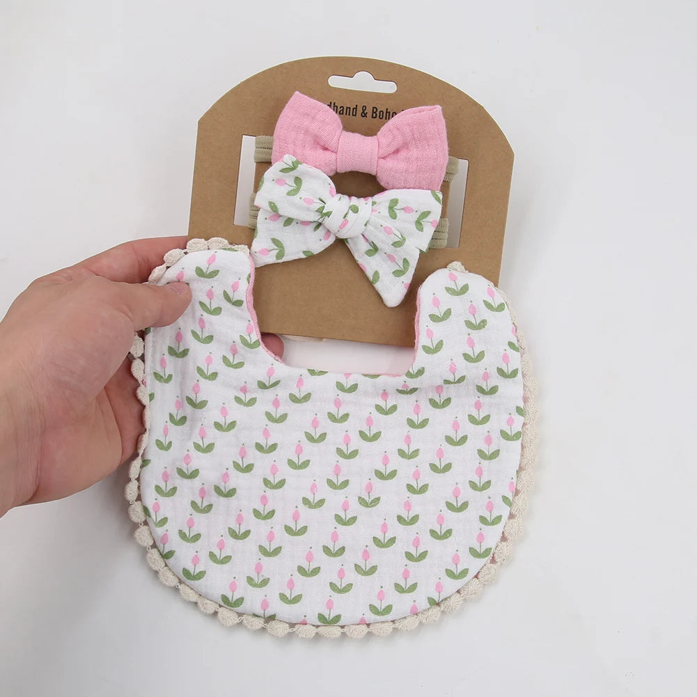 3-Piece Baby Bib & Headband Set, Double-Sided Feeding and Burp Cloth with Soft Nylon Bow Headbands