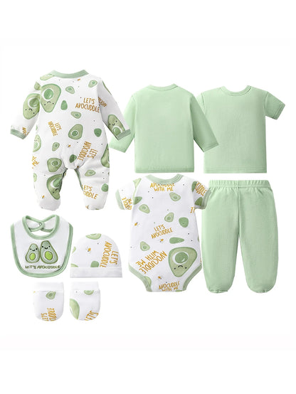 8pcs Newborn Baby Set, 100% Cotton Infant Essentials for Hospital Delivery, Unisex Bodysuit & Romper Outfit with Tops, T-shirts And Hat,, Perfect for Outdoor