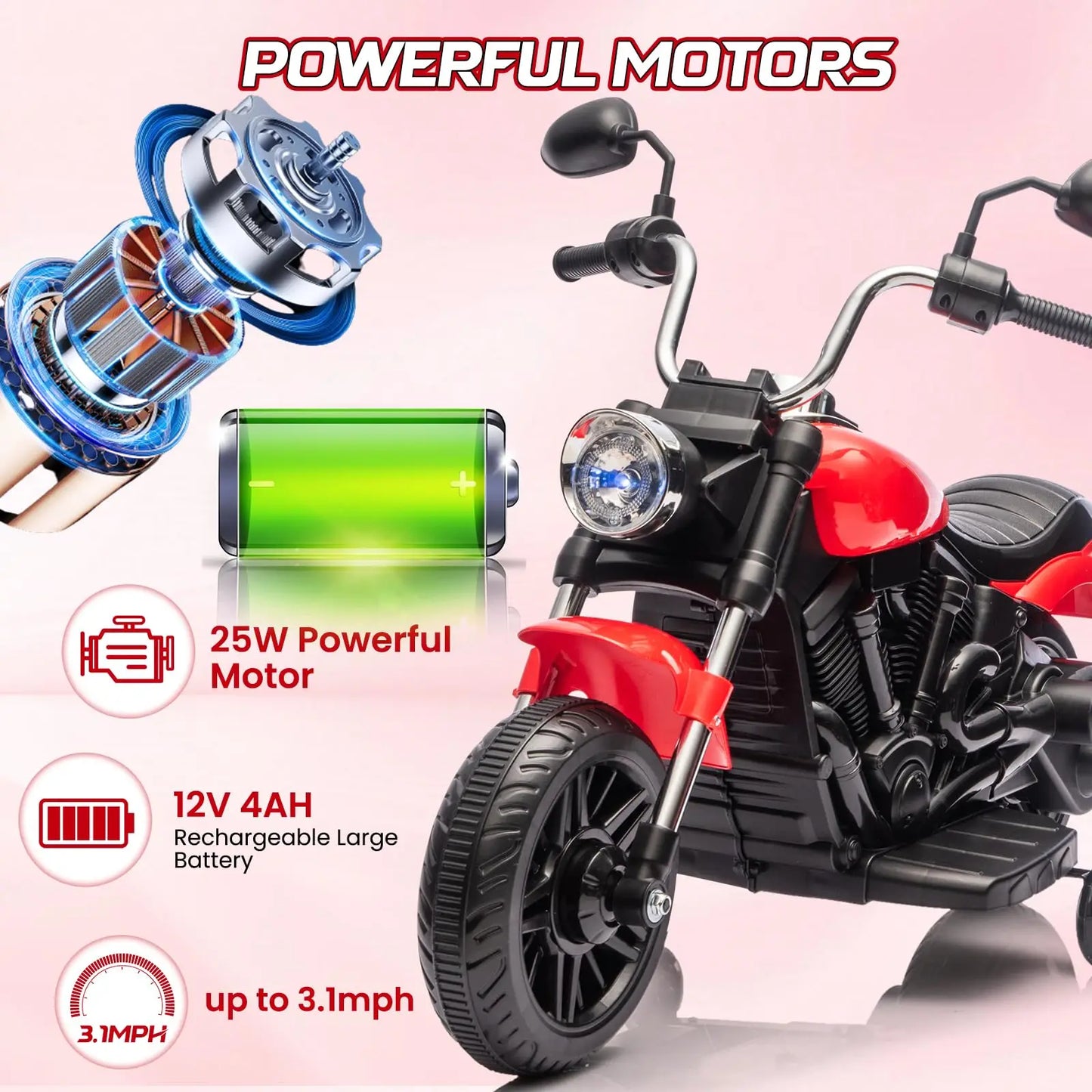 2-Wheel Kids Ride On Motorcycle 12V Battery Powered With Training Wheels Reverse Headlight Music Toddler Toy