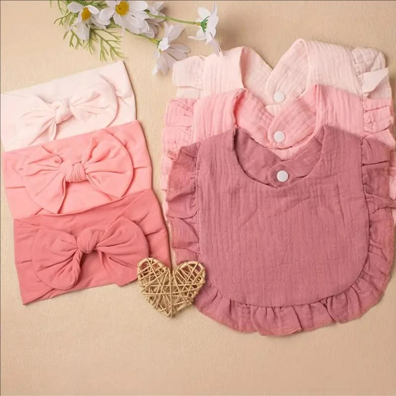 6Pcs/Lot Ribbed Baby Bibs Hair Bows Headbands for Baby Girls Ruffled Flower Saliva Towel Feeding Burp Cloth Scarf Headwear