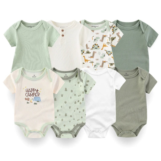 4-Piece Baby Romper Set, Soft Cotton Cartoon Print Short Sleeve Bodysuits for Newborn Boys and Girls (0–12M)