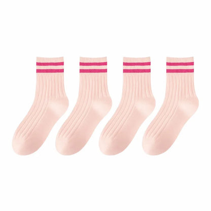 Kids Boys Girls Cotton Socks - Seamless Double Needle Ribbed 2-Stripe, All Season School Home Sports Socks