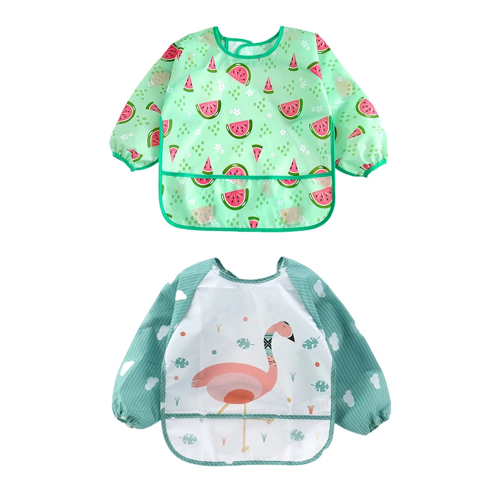 2pcs Waterproof Full Sleeve Baby Bibs Children Apron Long Sleeve Feeding Smock Kids Eating Breastplate Infant Scarf Clothing