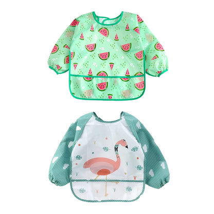 2pcs Waterproof Full Sleeve Baby Bibs Children Apron Long Sleeve Feeding Smock Kids Eating Breastplate Infant Scarf Clothing