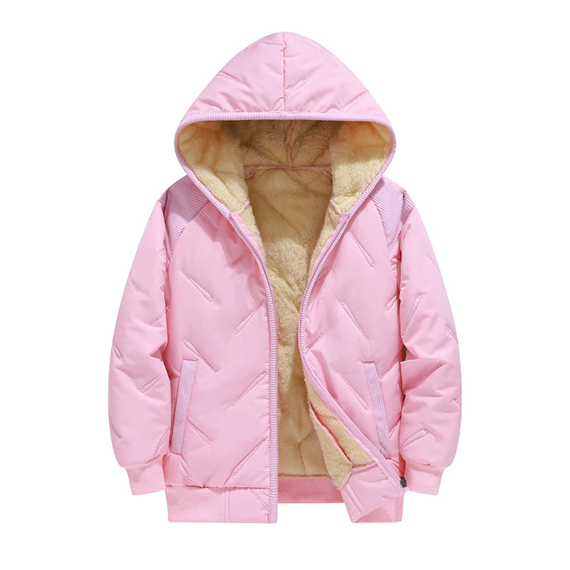 Winter Keep Warm Boys Girl Jacket Lined With Velvet Thick Cotton Padded Hooded Coat Kids Children Out The Cold Outerwear