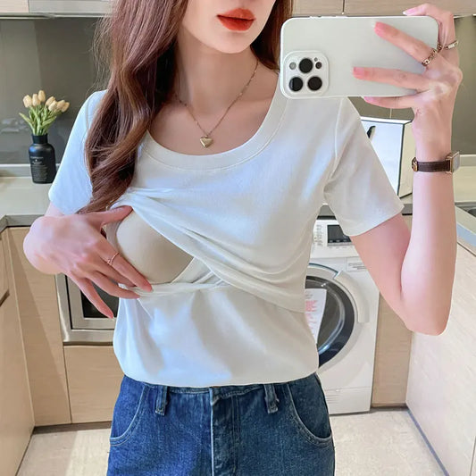 Big Size Maternity Nursing T-shirt Short Sleeve Cotton Breastfeeding Blouse Postpartum Comfortable Top for Women