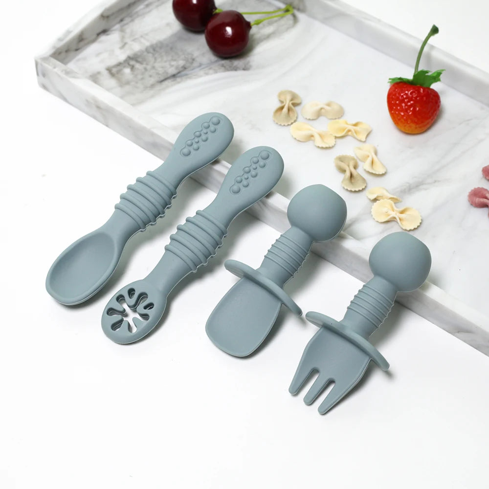 Silicone Food Grade 4pcs Baby Feeding Spoon Set Mini Small Fork and Spoon and Long Spoon Set