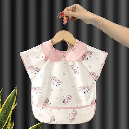 Baby Eating Apron PU Waterproof Bibs Cartoon Big Pocket Reverse Wear Summer Thin Light Sleeveless Boys Girls Kids Stuff