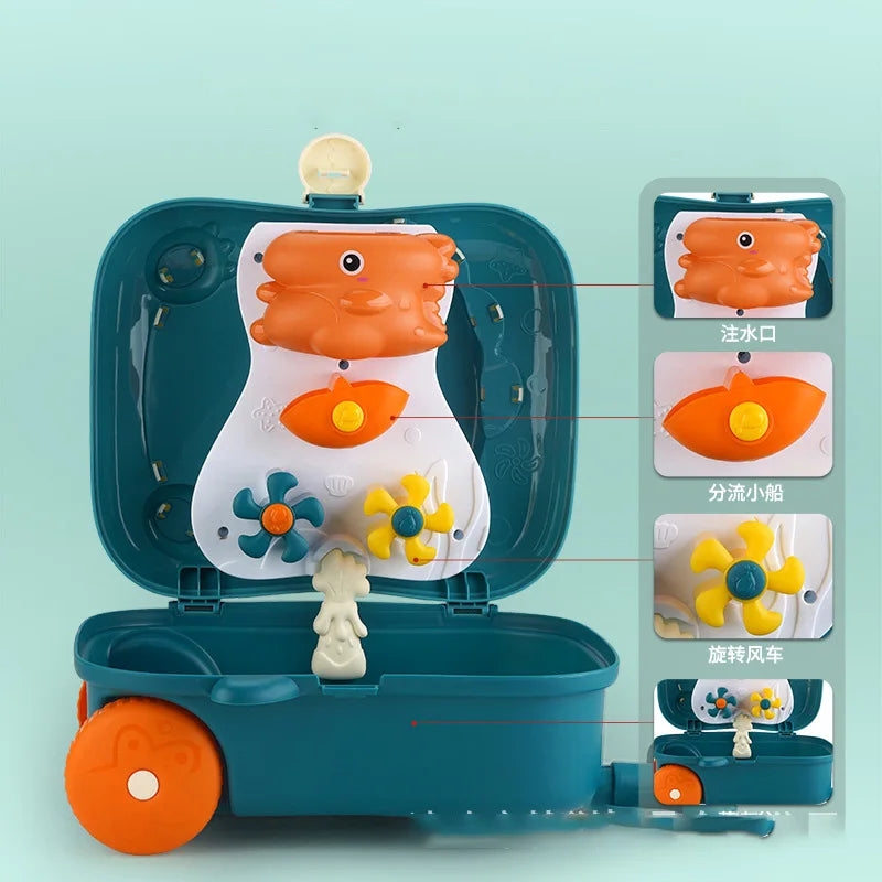 Kids Pull-Along Suitcase Beach Toys - Complete Astronaut Spaceship Sand Set with Bucket, Rake, Molds, Outdoor Beach Games