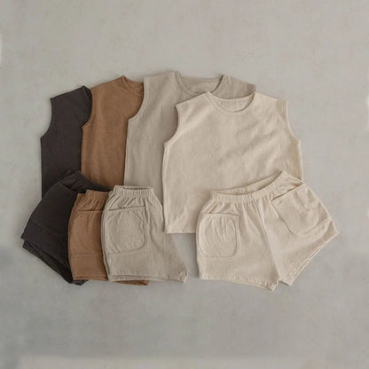 Summer Baby & Boys Tank Top Tees Shorts Set 100% Cotton Solid Two Pieces Sets
