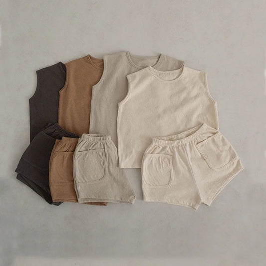 Summer Baby & Boys Tank Top Tees Shorts Set 100% Cotton Solid Two Pieces Sets