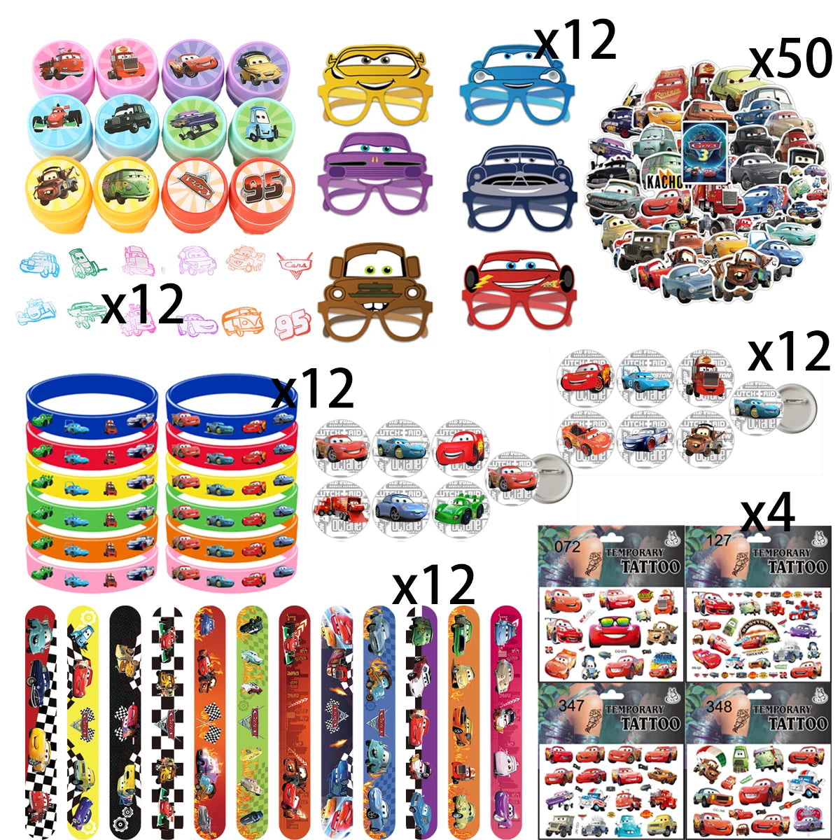 Lightning McQueen Cars Kids Party Favor Glasses Slap Bracelets Stamps Keychains Straws Badges Stickers Birthday Decorations Set