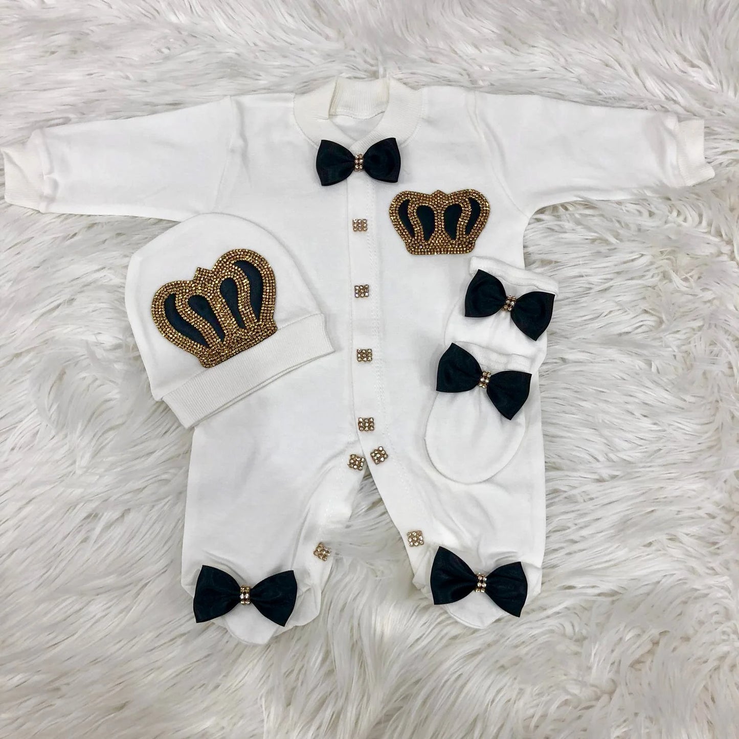 Baby Prince Welcome Home 3pcs Crown Layette Hospital Exit Newborn Outfits Swaddle Set Hello World I'm new Cotton