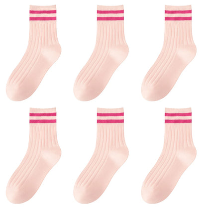 Kids Boys Girls Cotton Socks - Seamless Double Needle Ribbed 2-Stripe, All Season School Home Sports Socks