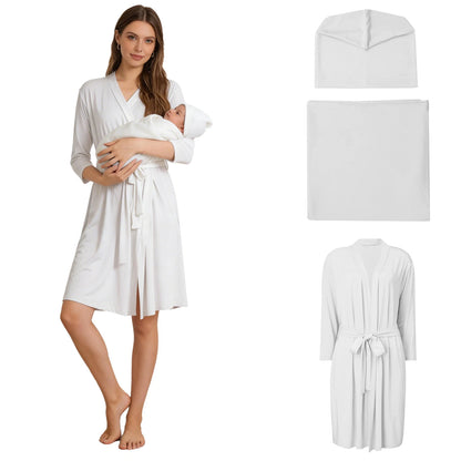 Maternity Robe Matching Baby Receiving Blanket Mommy Labor Delivery Night-robe with Swaddle Set Hospital Home Nursing Clothing
