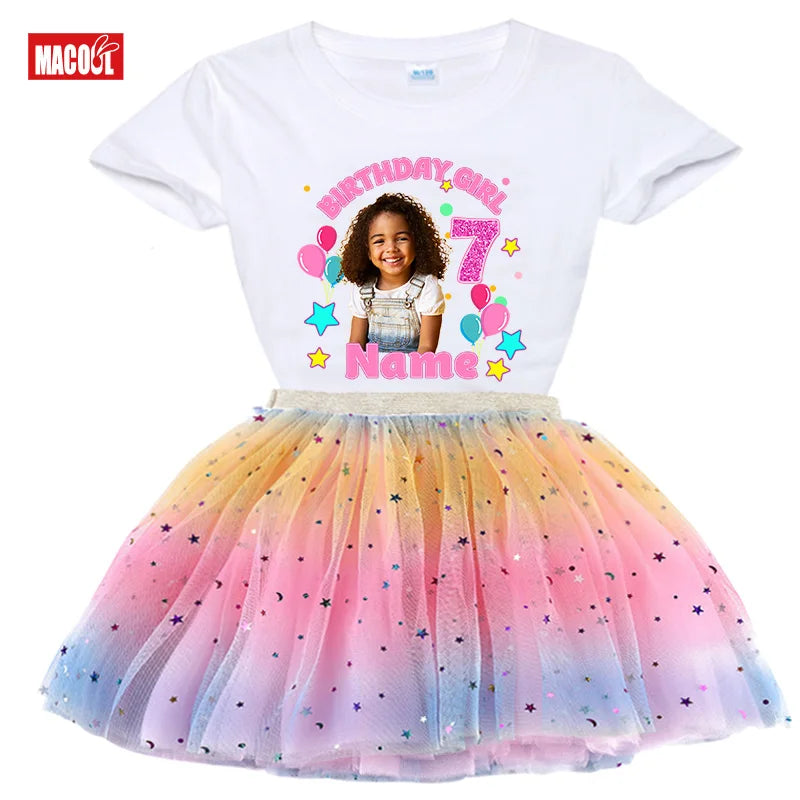 Custom Photo Birthday Girl Shirt And Tutu Set Girls' Party Dress Outfit with Name Personalization Child's Special Day Clothing