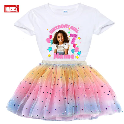 Custom Photo Birthday Girl Shirt And Tutu Set Girls' Party Dress Outfit with Name Personalization Child's Special Day Clothing