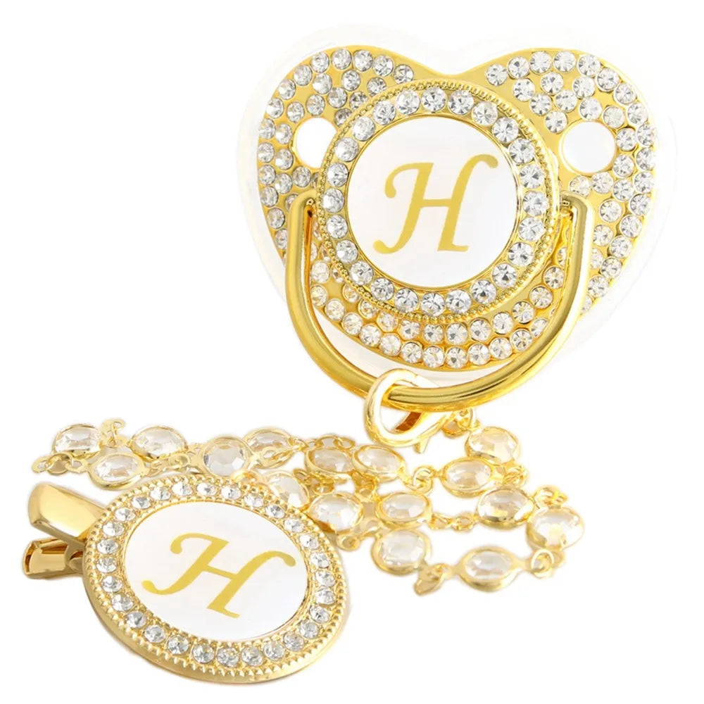 26 Initial Letters Golden Baby Pacifier With Diamond Chain Clip