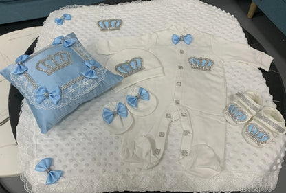 5pcs Baby Girl Outfits Set Welcome Home Hosptial Infant Receiving Blanket Pillow Bed Hat Mittens Romper Set