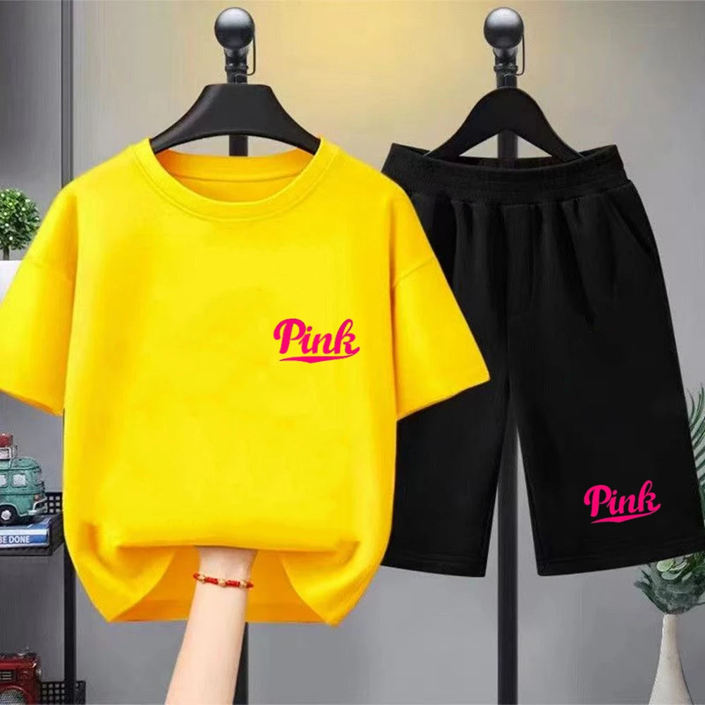 Kids Summer Girl Round Neck Black T-shirt+Shorts Short-sleeved Toddler 3-12Y Casual Sports Set Fashion Pink letter print