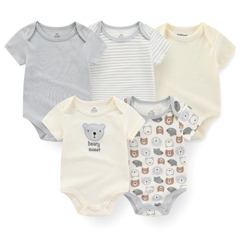 5-Piece Newborn Baby Bodysuit Set, Unisex Cotton Sleeveless Rompers with Cartoon and Solid Color Designs for Boys and Girls
