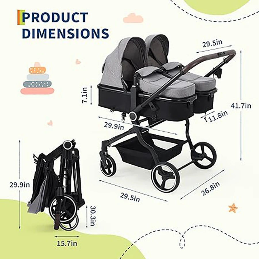 Double Stroller for Newborn and Toddler, Lightweight Tandem with Compact Fold and Adjustable Recline