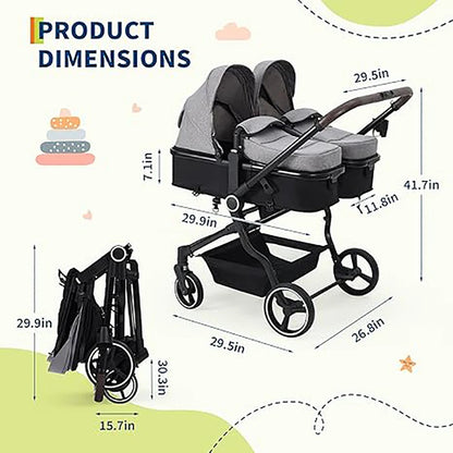 Double Stroller for Newborn and Toddler, Lightweight Tandem with Compact Fold and Adjustable Recline
