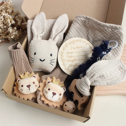 Customize The Name Newborn Gift Baby Cartoon Comfort Towel Baby Socks Mouthwash Towel Wash Box Newborn Bite Ring Headband Set