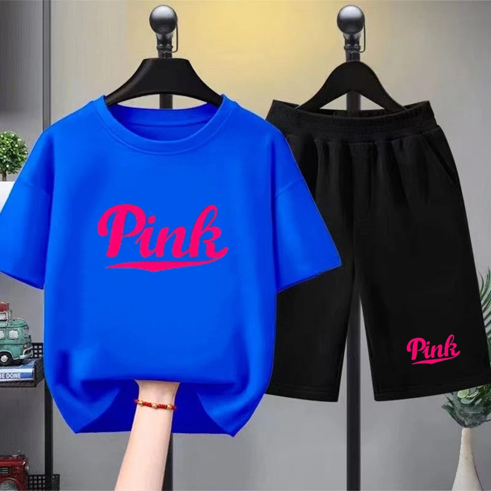 Kids Summer Girl Round Neck Black T-shirt+Shorts Short-sleeved Toddler 3-12Y Casual Sports Set Fashion Pink letter print