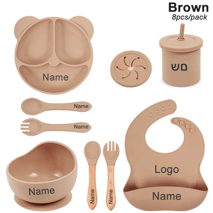 Silicone Sucker Bowl Plate Cup Bibs Spoon Fork Sets Personalized Name Children's Feeding Dishes Silicone Tableware Set For Kids