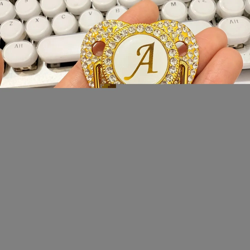 26 Initial Letters Golden Baby Pacifier With Diamond Chain Clip