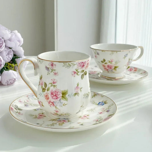 Vintage English Floral Coffee Cup and Plate Set Afternoon Tea Mug Cross-border Gold Border Light Luxury Ceramic Cup