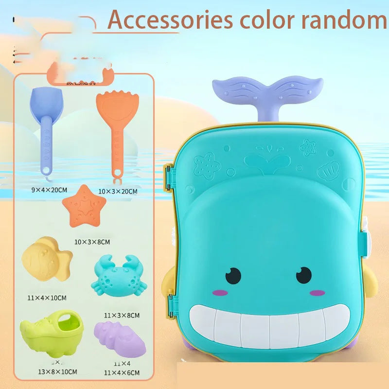 Kids Pull-Along Suitcase Beach Toys - Complete Astronaut Spaceship Sand Set with Bucket, Rake, Molds, Outdoor Beach Games