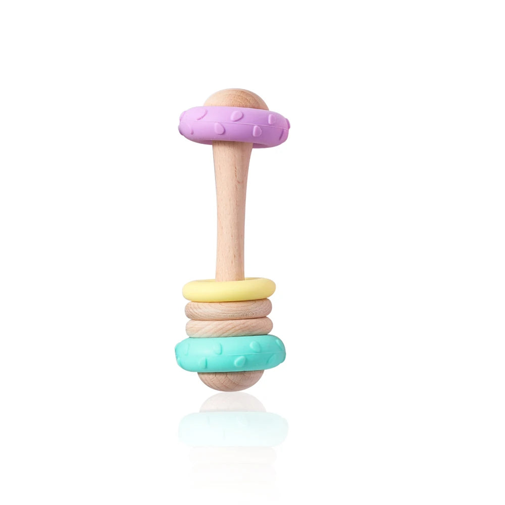 Baby Silicone Teething Toy – Upgraded Rattle, Natural Wood, Food Grade & Gnawable, Easy to Clean, Sensory Training for Infants