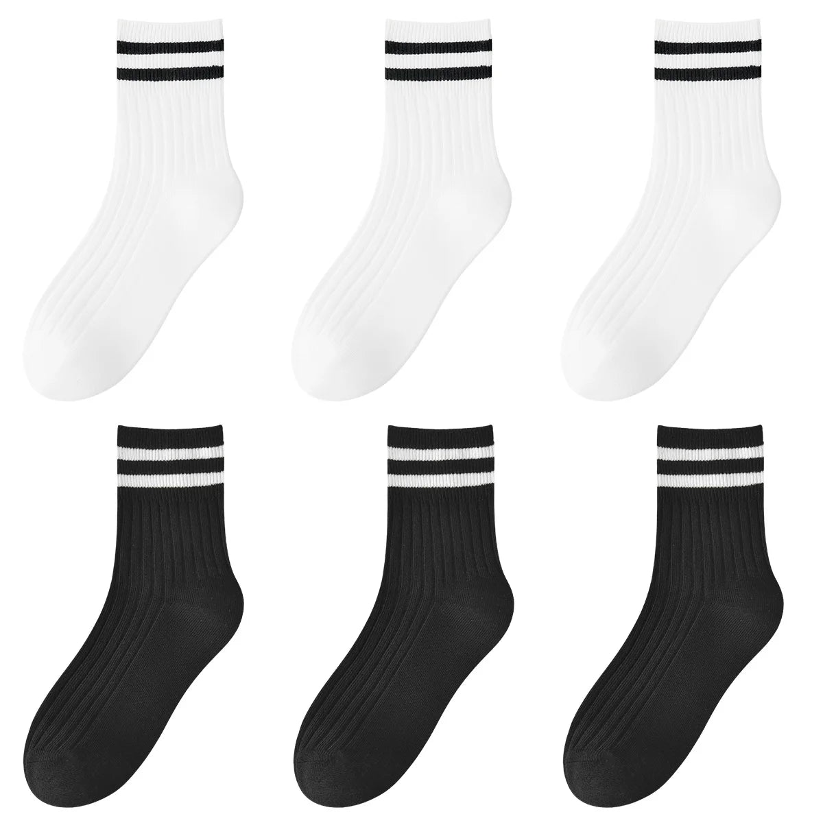 Kids Boys Girls Cotton Socks - Seamless Double Needle Ribbed 2-Stripe, All Season School Home Sports Socks