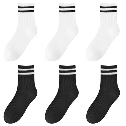 Kids Boys Girls Cotton Socks - Seamless Double Needle Ribbed 2-Stripe, All Season School Home Sports Socks