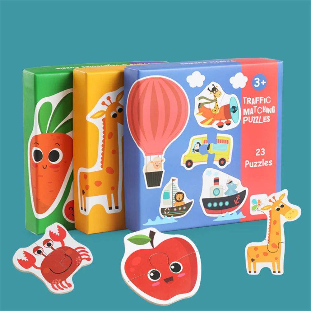 Kids Wooden Jigsaw Matching Puzzle Game Baby Early Learning Cognition Animal Fruit Traffic Educational Toys for Children Gifts
