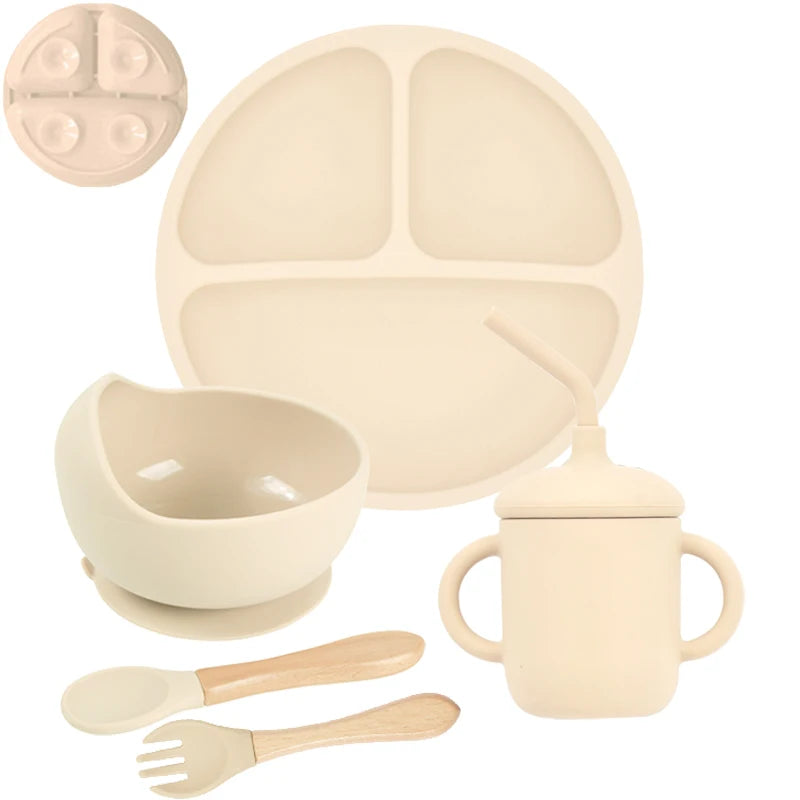 5Pcs/Set Baby Soft Silicone Tableware Kid Feeding Dishe Sucker Plate Bowl Spoon Fork Set Children Dishes Non-slip Dinnerware Set