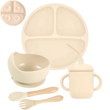 5Pcs/Set Baby Soft Silicone Tableware Kid Feeding Dishe Sucker Plate Bowl Spoon Fork Set Children Dishes Non-slip Dinnerware Set