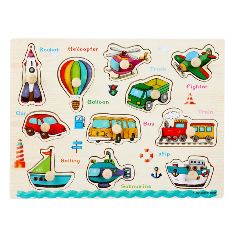 30cm Baby Toys Wooden Puzzle Hand Grab Board Educational Wood Puzzles for Kids Cartoon Animal Vehicle Child Gift