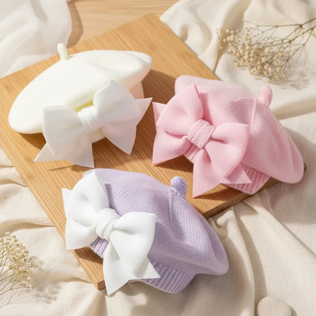 1-3Y Baby girl Bow Beret | Painter Hat, Cute Baby Hat, Suitable for Travel and Outing Lightweight Polyester Knit Fabric, Mixed Color