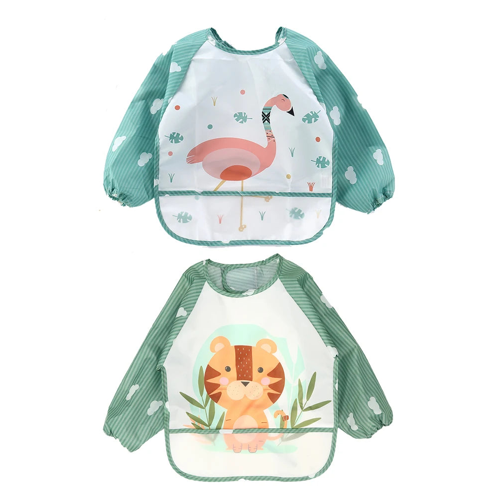 2pcs Waterproof Full Sleeve Baby Bibs Children Apron Long Sleeve Feeding Smock Kids Eating Breastplate Infant Scarf Clothing