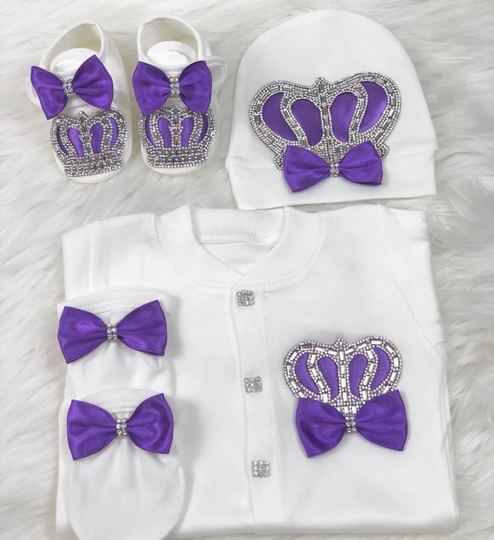 Dollbling Emerald Newborn Baby Boy Personalized Name Outfits 4pcs Welcome Home Hospital Crown Jewelry Romper Set