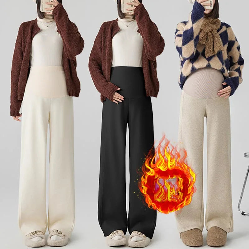 Maternity Pants Fleece-Lined Wide-Leg Sweatpants Autumn/Winter Casual Straight-Leg Pants