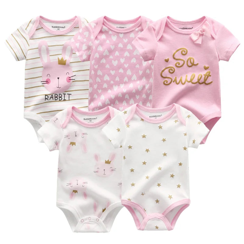 5-Piece Newborn Baby Bodysuit Set, Unisex Cotton Sleeveless Rompers with Cartoon and Solid Color Designs for Boys and Girls