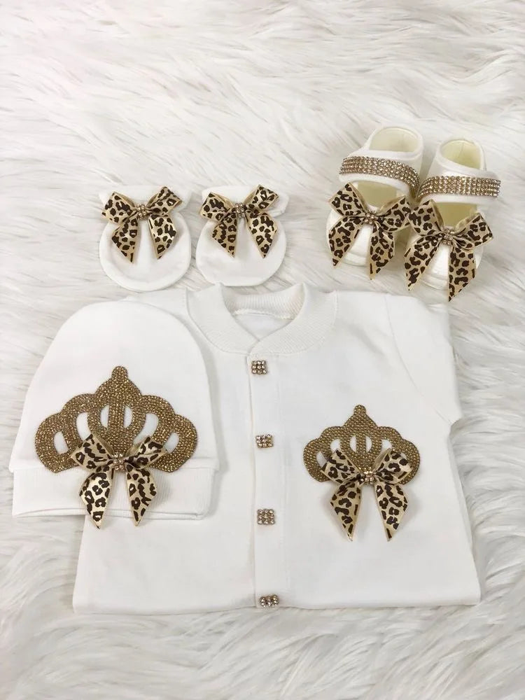 Dollbling Emerald Newborn Baby Boy Personalized Name Outfits 4pcs Welcome Home Hospital Crown Jewelry Romper Set