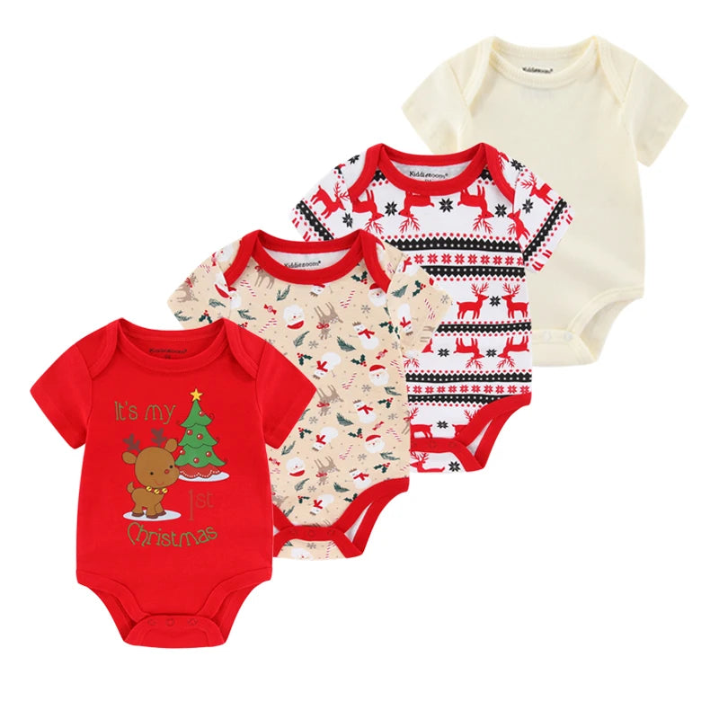 4-Piece Baby Romper Set, Soft Cotton Cartoon Print Short Sleeve Bodysuits for Newborn Boys and Girls (0–12M)
