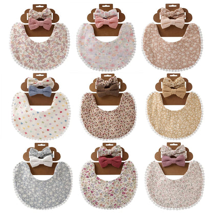 3Pcs/Set Cute Baby Girl Bibs Cotton Floral Infant Burp Cloth With Bow Headband Double Side Saliva Towel Newborn Accessories