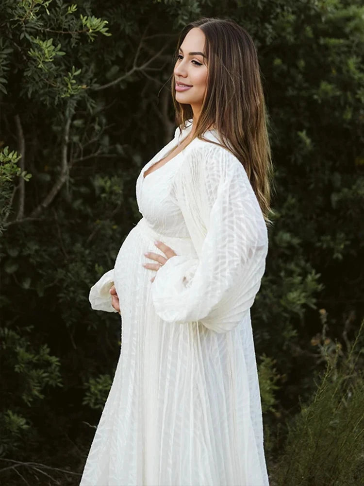 Boho White Maternity Photoshoot Dress with Long Sleeves Elegant Pregnancy Gown Baby Shower Photography Outdoor Maternity Outfit