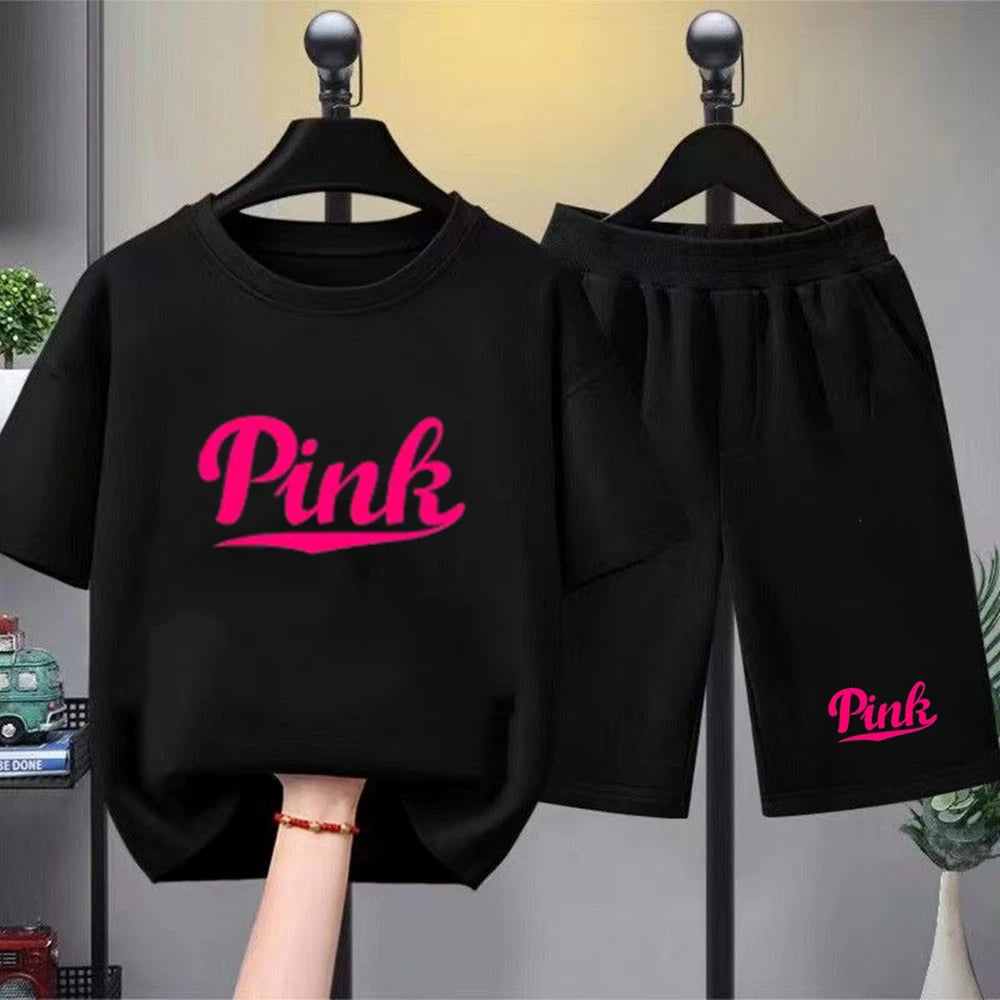 Kids Summer Girl Round Neck Black T-shirt+Shorts Short-sleeved Toddler 3-12Y Casual Sports Set Fashion Pink letter print